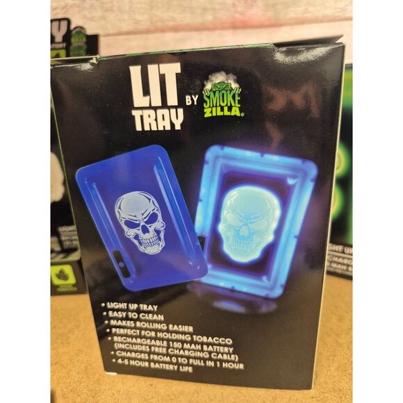 Smokezilla Lit Tray Light-Up Rechargeable Rolling Tray With Blue & White Skull - Picture 2 of 5